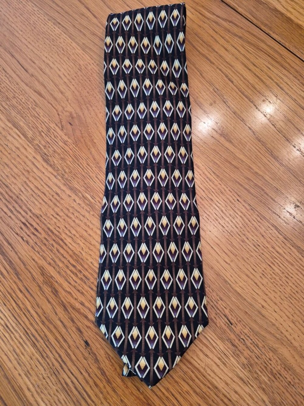 Louis Roth 100% Silk Tie Diamond Geometric Pattern Handmade In Korea Black  Gold